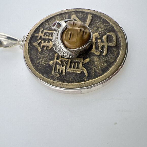 Sajen Sterling Silver Pendant Bronze Coin Face Tigers Eye Carved Script VTG Sign - Picture 5 of 10